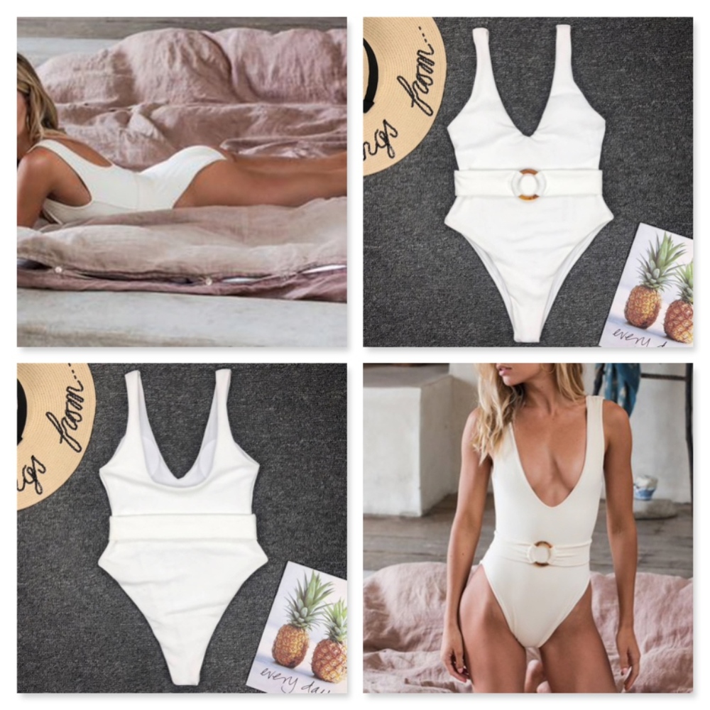 V-Neck Ribbed Belted One Piece Swimsuit - Picture 6 of 8